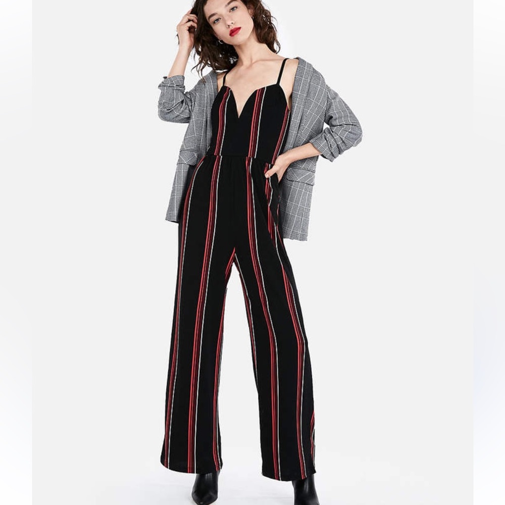 EXPRESS JUMPSUIT STRIPED WIDE LEG WITH SMOCKING V NECK SIZE XS